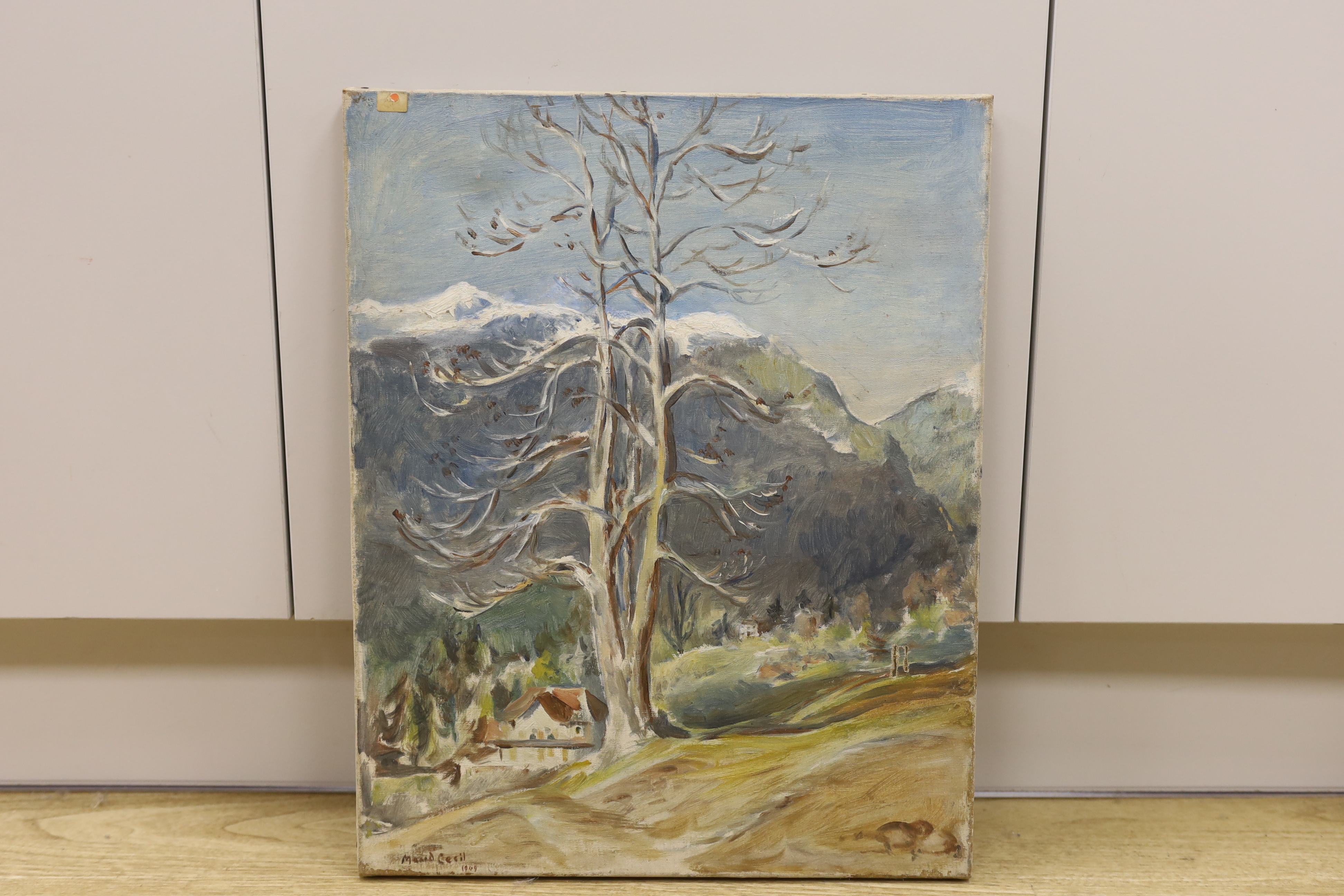 Hon. Maud Cecil (1904-1981), oil on canvas, Swiss mountainous landscape with chalets, signed and dated 1949, 50 x 40cm, unframed